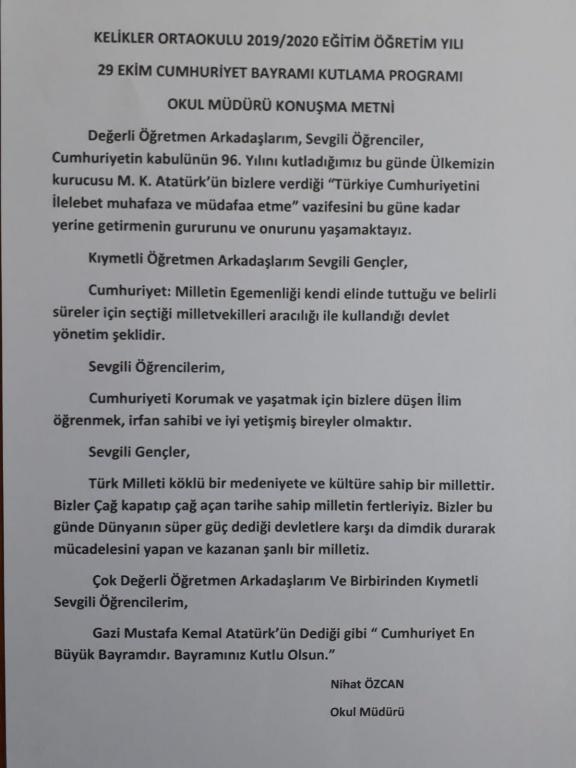 29 ekim cumhuriyet bayrami okul mudurumuz nihat ozcan in konusma metni kelikler ortaokulu